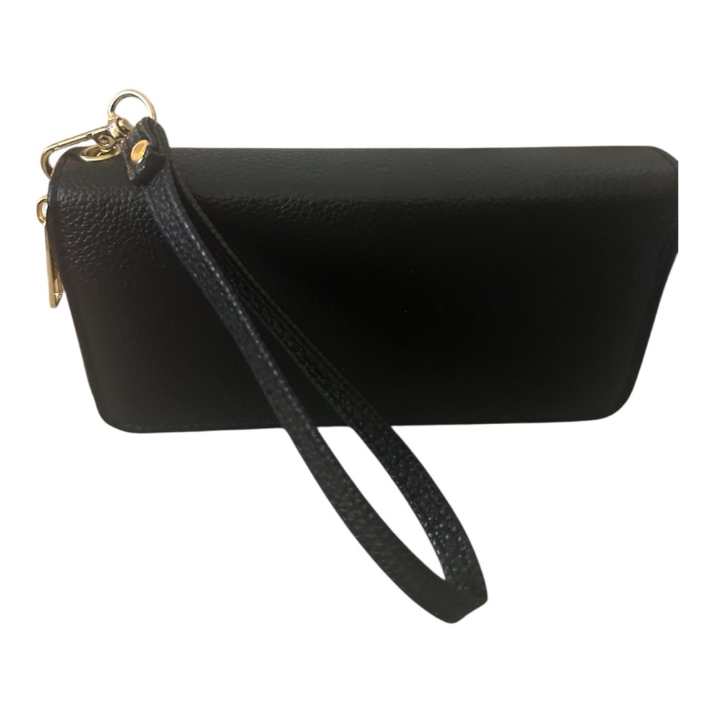 Elegant Black Leather Wristlet with Double Zippers & Gold Accent New - Picture 2 of 15